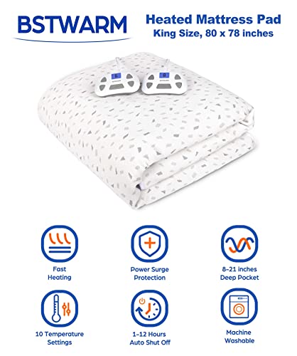  BSTWARM Heated Mattress Pad King Size, Electric Mattress Pad Dual Control, 8-21" Deep Pocket, 10 Heat Settings, 1-12 Hours Timed Off, Machine Washable - 80''x78''
