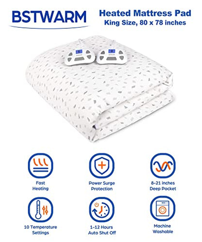  BSTWARM Heated Mattress Pad King Size, Electric Mattress Pad Dual Control, 8-21" Deep Pocket, 10 Heat Settings, 1-12 Hours Timed Off, Machine Washable - 80''x78''