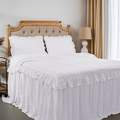  Rustic Ruffle Skirt Bedspread, Hand Made 30" Long Ruffle Skirt Coverlet, Natural Wrinkle Style For Kid, Baby （3 Pcs Set, Queen, White）
