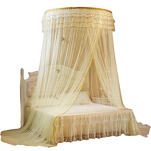  Pokerty Bed Curtain, Bed Mosquito Net Breathable Round Canopy Lace Princess Style Mosquito Net Bed Curtain Netting For Lady Bedroom Decoration(Yellow)