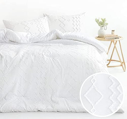  Wake In Cloud - Burnt Orange Comforter Set, Boho Tufted Textured Shabby Chic Farmhouse Bohemian Geometric Design, Soft Microfiber Bedding (3pcs, Queen Size)