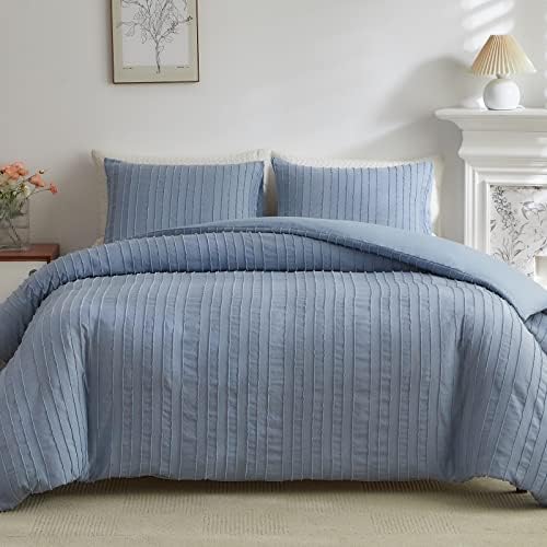  WARMDERN White Boho Duvet Cover Set Queen Size, Striped Textured Tufted Bedding Set, 3 Pcs Ultra Soft Washed Microfiber With Zipper Closure (Queen, White)