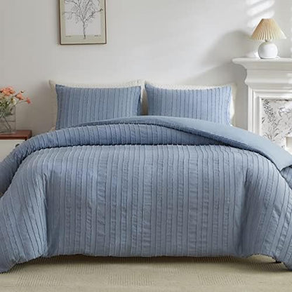  WARMDERN White Boho Duvet Cover Set Queen Size, Striped Textured Tufted Bedding Set, 3 Pcs Ultra Soft Washed Microfiber With Zipper Closure (Queen, White)
