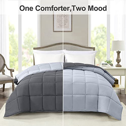  Queen Lightweight Comforter Gray - All Season Down Alternative Bed Comforter Summer Duvet Insert Quilted Reversible Comforters Full/Queen Size Dark Gray/Light Grey