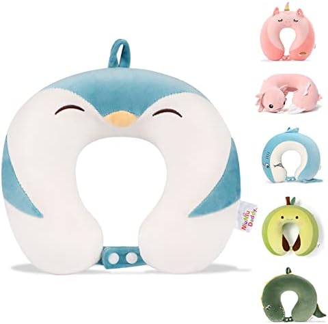  Niuniu Daddy Kids Travel Pillow For Airplane, Car, Recline - Neck Chin Support For Resting - Stops Head From Flopping Forward - Soft Memory Foam Insert And Cute Pink Unicorn Animal Plush Pillow Cover