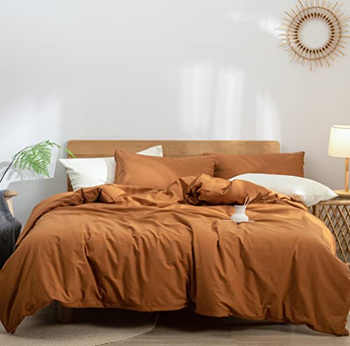  Burnt Orange Duvet Cover Twin Size, 100% Washed Cotton Duvet Cover Set Solid Orange Bedding Set Lightweight Comforter Cover 3 Pieces With Zipper Closure, 1 Duvet Cover 68x90 Inches And 2 Pillow Shams