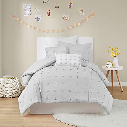  Duvet Set 100% Cotton Jacquard, Tufts Accent, Shabby Chic All Season Cover For Comforter, Matching Shams, Decorative Pillows, Full/Queen (88 In X 92 In), Charcoal 7 Piece