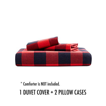  Wake In Cloud - Red Black Plaid Duvet Cover Set, 100% Washed Cotton Bedding, Buffalo Check Gingham Plaid Geometric Checker Pattern, With Zipper Closure (3pcs, Queen Size)