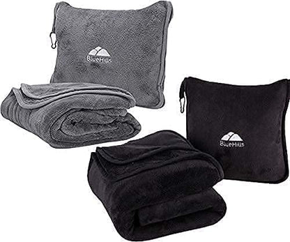  BlueHills Premium Soft Travel Blanket Pillow Value Pack Set Of 2 - Airplane Flight Blanket Throw In Soft Bag With Luggage Belt Compact Pack Large Blanket For Travel Grey And Black Color