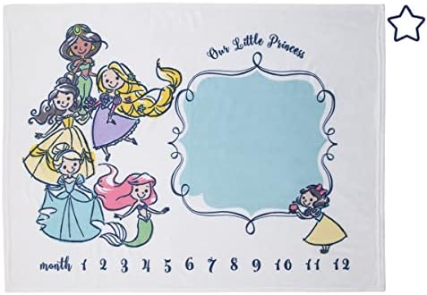  Disney Princess Pink, Aqua, Yellow & White Super Soft Milestone Baby Blanket, Pink, Aqua, Yellow, White