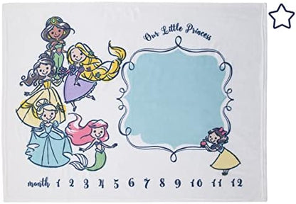  Disney Princess Pink, Aqua, Yellow & White Super Soft Milestone Baby Blanket, Pink, Aqua, Yellow, White