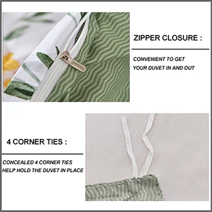  Loral Duvet Cover Queen Size - White Yellow Flowers And Green Leaf Spring Botanical Printed Microfiber Comforter Cover Set - 3PC 90X90 Soft And Lightweight Quilt Cover, Farmhouse Style For Women Men