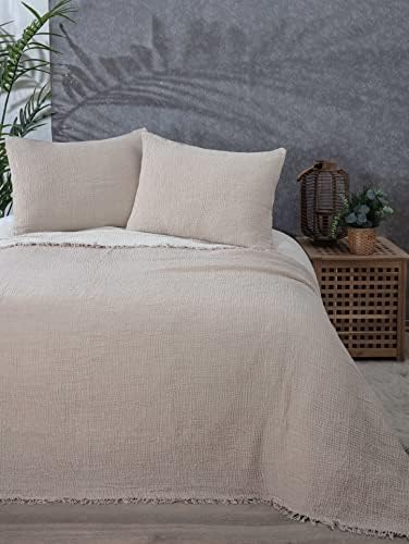  100% Cotton Muslin Throw Blanket, 4 Layers Bedspread, Soft Turkish Cotton Muslin Bed Cover, Reversible Coverlet, Mink (Two Pillowcase 20x30)