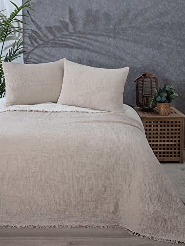  100% Cotton Muslin Throw Blanket, 4 Layers Bedspread, Soft Turkish Cotton Muslin Bed Cover, Reversible Coverlet, Mink (Two Pillowcase 20x30)