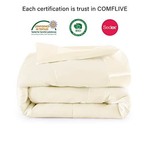  COMFLIVE Down Alternative Blanket With Satin Trim, Queen Size Blanket For Bed, Lightweight Blanket For All Seasons - Winter Summer Comfort Soft (Beige, Full/Queen)