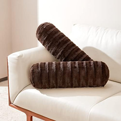  Cheer Collection Set Of 2 Faux Fur Bolster Pillows, Decorative Roll Pillow For Couch With Removable Washable Cover, Cylinder Neck Pillows For Bed, Chair Or Sofa, 8” X 24” Inch, White