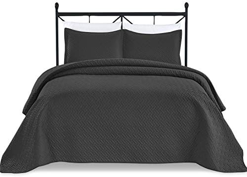  Basic Choice 3-Piece Light Weight Oversize Quilted Bedspread Coverlet Set - Black, King / California King