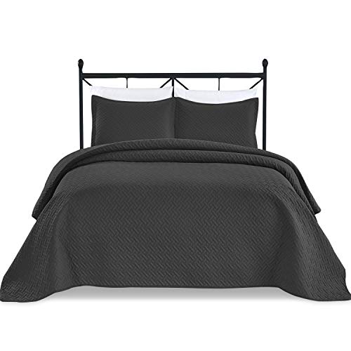  Basic Choice 3-Piece Light Weight Oversize Quilted Bedspread Coverlet Set - Black, King / California King