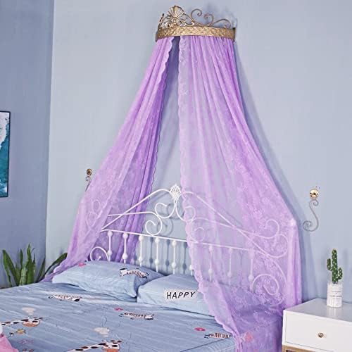  SFYZ HOME Princess Lace Bed Canopy With Metal Gold Crown, Floral Bed Sheer Curtain Decorative Drapery For King Queen Full Bed (Pink)