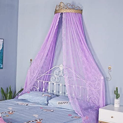  SFYZ HOME Princess Lace Bed Canopy With Metal Gold Crown, Floral Bed Sheer Curtain Decorative Drapery For King Queen Full Bed (Pink)