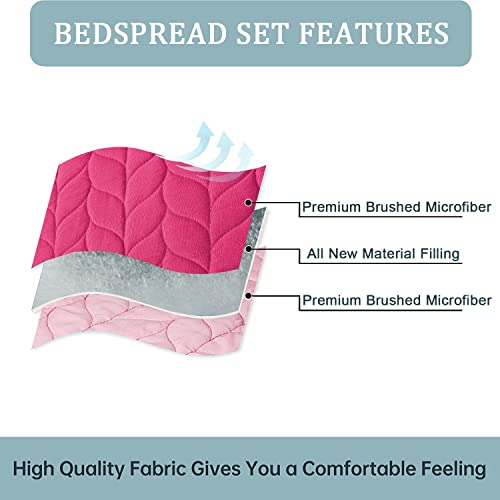  HIG 3 Piece Minimal Style Oversized Bedspread Set Queen, Hot Pink Reversible Stitch Quilted Coverlet Set With Leaf Pattern, Feminine Solid Quilt Set For Bedroom, Microfiber, 100" X 106" (Milano)