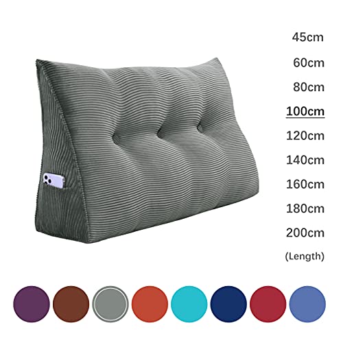  YXCSELL Headboard Wedge Pillow Triangular Bolster Pillows For Daybed Sofa Cushion Corduroy Large Support Backrest Bedrest Reading Pillow Lumbar Positioning Upholstered (Grey,Twin)