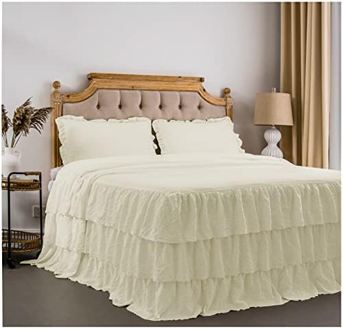  Rustic Ruffle Skirt Bedspread, Hand Made 30" Long Ruffle Skirt Coverlet, Natural Wrinkle Style For Kid, Baby （3 Pcs Set, Queen, White）