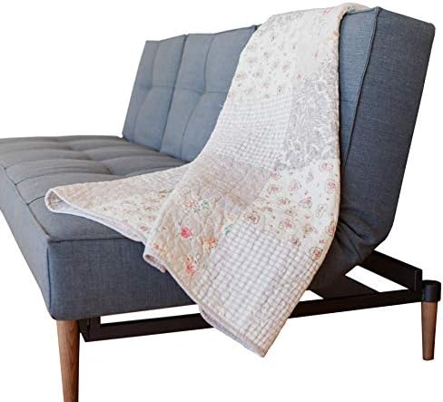  Ecret Garden 50" X 60" Cotton Quilted Throw Blanket: Floral Farmhouse Comforter, 100% Cotton Pink Grey Quilt, Patchwork Coverlet, Traditional Quilt For Couch And Bed, Country Lap Cover