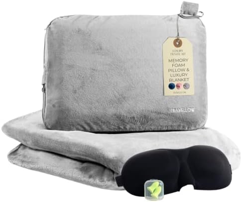  Travellow Travel Pillow And Blanket Set - 4-in-1 Ultimate Travel Kit With Memory Foam Pillow, Travel Blanket, Sleep Mask, And Earplugs-Ultimate Comfort And Coziness For Your Journeys - Blue
