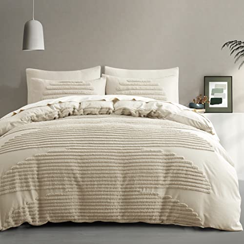  5 Pieces Full/Queen Duvet Cover Set, Boho Bedding Sets For Modern Home, Tufted And Super Soft Comforter Covers, Beige