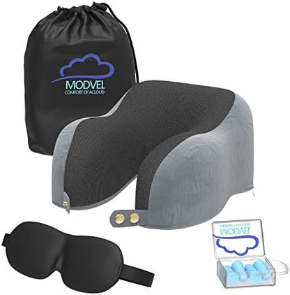  MODVEL Travel Pillow Pure Memory Foam | Neck Cushion For Airplane And Car Trips | Comfortable And Soft | Compact And Easy To Carry | With 3D Contoured Eye Masks, Earplugs, And Luxury Bag (MV-860)