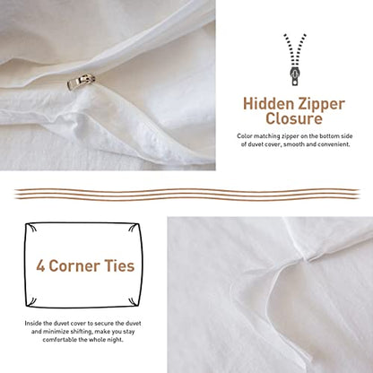  BISELINA French Linen Duvet Cover Set 3pcs With Hidden Zipper Closure Natural Flax Cotton Blend Solid Color Soft Breathable Luxury Farmhouse Bedding -King Size, White