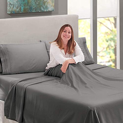  Clara Clark Premier 1800 Series 4pc Bed Sheet Set - Deep Pocket Bundle With UBER Comfort Set Of 4 Corner Adjustable Bed Sheet Straps Suspenders Grippers Fasteners (Silver Light Gray, King)
