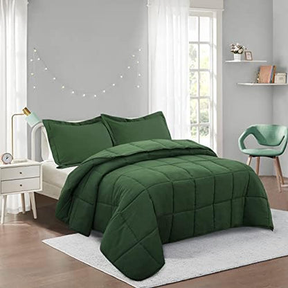  HIG 3pc Green Down Alternative Comforter Set Queen Size - All Season Reversible Comforter With Two Shams - Quilted Duvet Insert With Corner Tabs - Box Stitched - Breathable, Soft, Fluffy