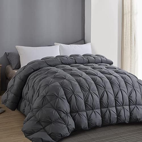  120x120 Oversized King Feather And Down Comforter Pinch Pleat Duvet Insert With 100% Cotton Cover-Super Fluffy And Soft Comforter With 8 Corner Tabs For All Season Warmth-Grey