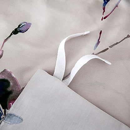  Eikei Modern Watercolor Flowers Print Duvet Quilt Cover 3pc Set Lilac Orchid Magnolia Blossom Leaf Branches Cotton Sateen 300tc Luxury Floral Bedding (Twin, Beige)