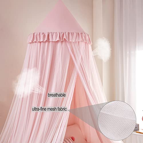  Kertnic Bed Canopy For Kids Room Double Layer Mosquito Net, Hanging Play Tent Children Reading Nook Canopies, Round Dome Princess Castle Dreamy Bedding For Girls Room House Décor (Beige Pink)