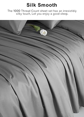  100% Egyptian Cotton Sheets Queen Size, Luxury Sheets 1000 Thread Count Cotton Sheets, Hotel Quality Sateen Weave, Hotel White Sheets With Elasticized Deep Pocket (Dark Grey, Queen)