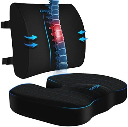 CushZone Seat Cushion, Lumbar Support Pillow With Adjustable Strap-Chair Cushions For Sciatica Pain Relief-with Washable Cover Memory Foam For Car, Travel And Wheelchair-Black