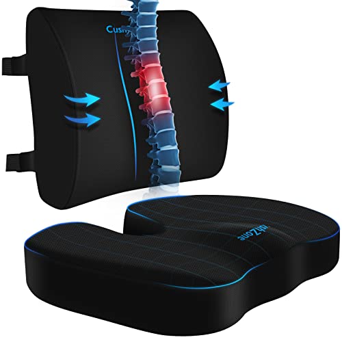  CushZone Seat Cushion, Lumbar Support Pillow With Adjustable Strap-Chair Cushions For Sciatica Pain Relief-with Washable Cover Memory Foam For Car, Travel And Wheelchair-Black