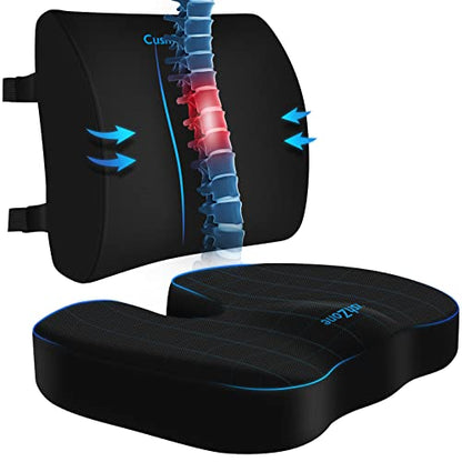  CushZone Seat Cushion, Lumbar Support Pillow With Adjustable Strap-Chair Cushions For Sciatica Pain Relief-with Washable Cover Memory Foam For Car, Travel And Wheelchair-Black