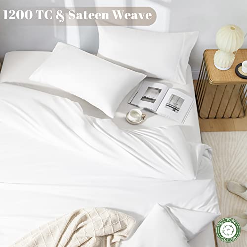  LBRO2M 100% Cotton 1200 Thread Count Sheets Set King Size,Bed Sheet 4 Piece Sets,16 Inches Deep Pocket,All Season,Bedding Super Soft Comforterble,White