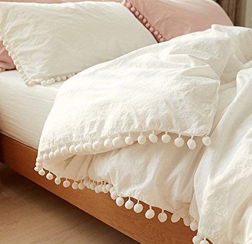  White Pom Pom Duvet Cover Fringed Cotton Cover Full Queen, 86“x90”