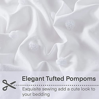  White Tufted Dot Duvet Cover Queen Size (90x90 Inch), 3 Pieces (1 Jacquard Duvet Cover, 2 Pillowcases) All Season Soft Washed Microfiber Duvet Cover Set With Zipper Closure, Corner Ties