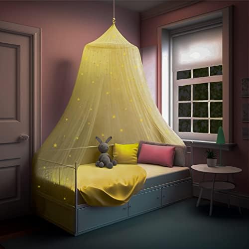  D Canopy For Girls With Glowing Stars - Princess Pink Baby Canopy For Bed, Netting Room Decor, Ceiling Tent, Canopy For Crib | Single, Twin, Full, Queen Size Kids Bed Curtains, Fire Retardant Fabric