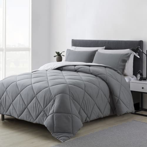  ELNIDO QUEEN 3 Pieces Comforter Set (Queen, Grey & Dark Grey) - 1 Reversible Down Alternative Comforter With 2 Pillow Shams - Soft Lightweight Duvet Insert | 88x92 Inch
