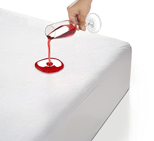  100% Waterproof Mattress Protector Queen, White Queen Mattress Protector, Cotton Terry Queen Mattress Cover, Soft Breathable & Noiseless Bed Cover, Elastic Fitted 8"-20" Deep Pocket - White