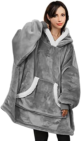  Wearable Blanket Hoodie For Women/Kids/Men, Oversized & Cozy Sherpa Lined Hoodie Sweatshirt Blanket Grey