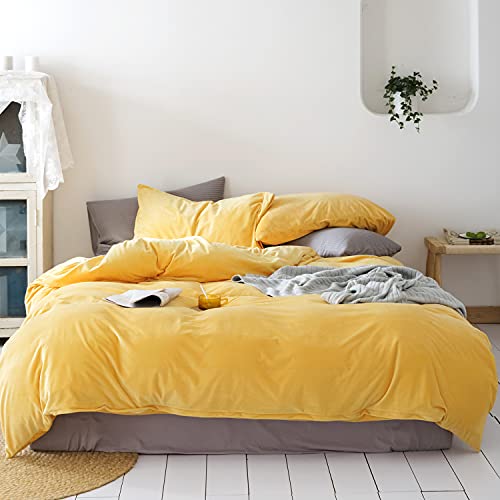  Velvet Duvet Cover Set Fluffy Bedding Set Plush Flannel Comforter Cover (Yellow, Queen)