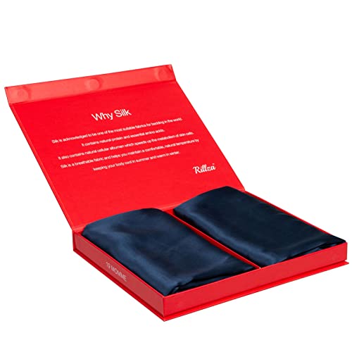  Rillza 100% Pure Mulberry Silk Pillowcase 2 Pack, Hidden Zipper(Navy Blue, King 20''x36'', 2 PC), Anti Acne Wrinkle, Soft Smooth, Premium Gift Box, Grade 6A Silk Pillow Case Set Of 2